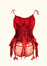 Load image into Gallery viewer, The Olenska corset belt worn with the cami and lace knickers. This shows a styling option, from the back. The lace of the cami sticks out from under the belt and the silk blouses out above it.
