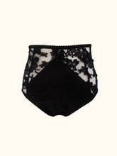 Load image into Gallery viewer, The front of the black colour way for the Ouvert knickers. This is in a heavier corded lace and black silk satin.
