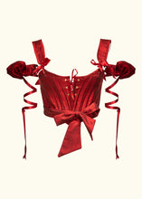 Load image into Gallery viewer, The sleeve puffs worn with the Olenska stays also in red silk. This shows a styling option.
